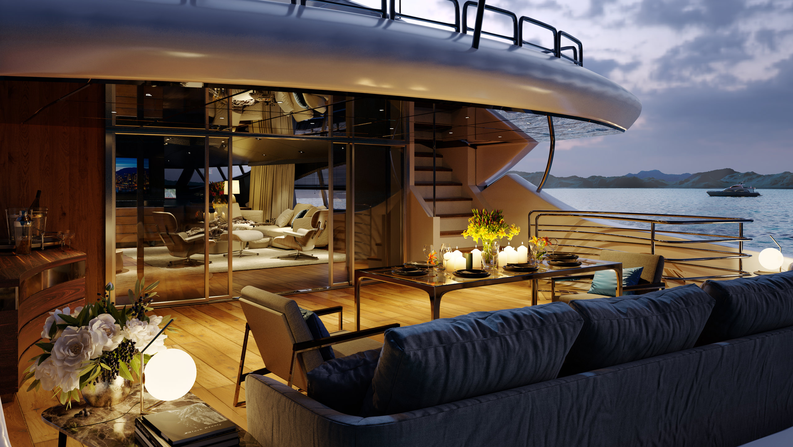 Rendu de yacht de luxe, visualisé depuis le cockpit d'invité avec dîner servi sur une table en verre ajournée avec des fleurs fraîches et des bougies avec sky lounge visible en arrière-plan