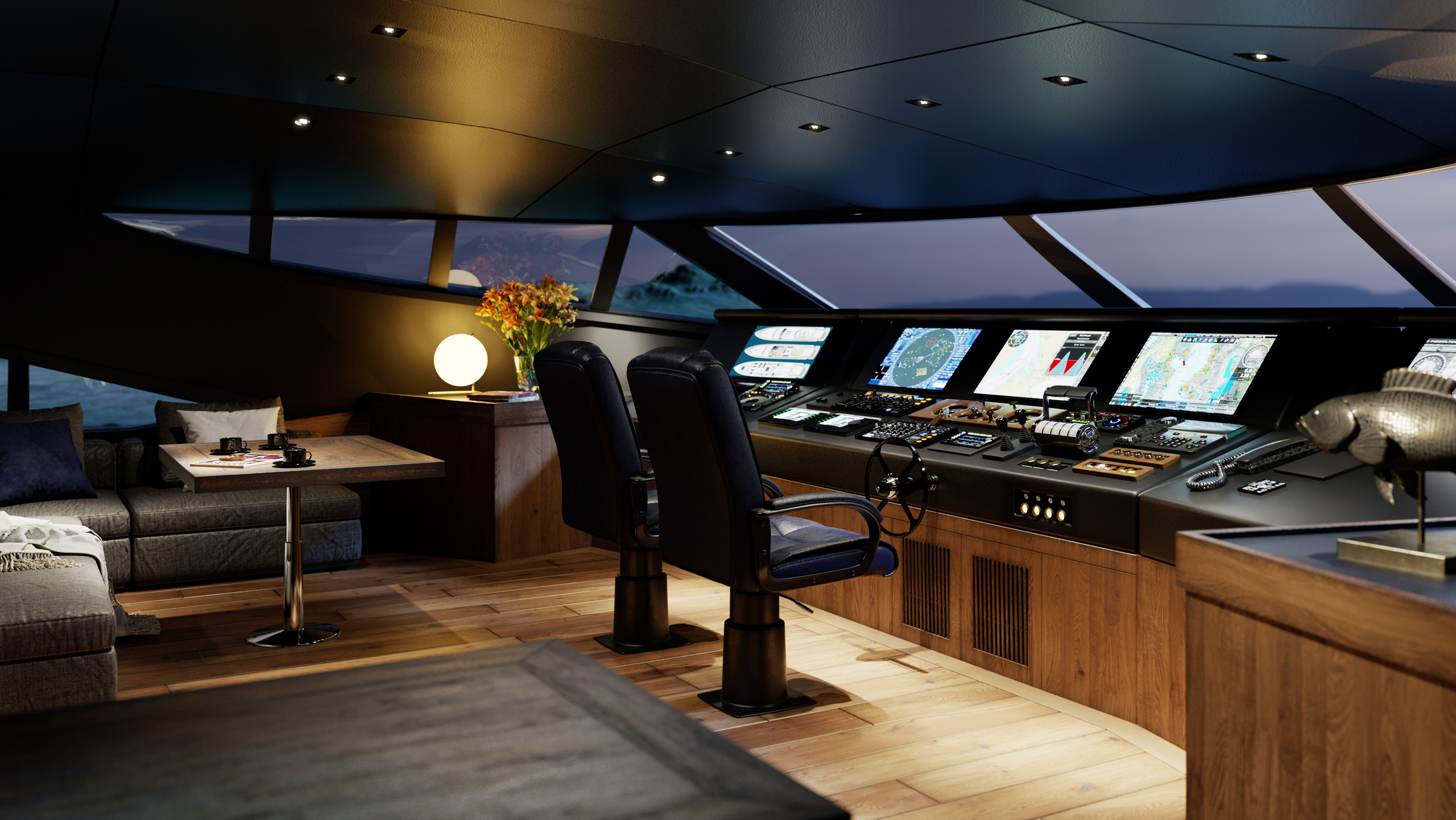 Rendu 3D du cockpit du capitaine d'un yacht avec tous les contrôleurs, cartes et schémas de bateau sur divers écrans à côté d'un canapé et d'une table basse, visualisé au crépuscule avec la lumière artificielle de la cabine allumée