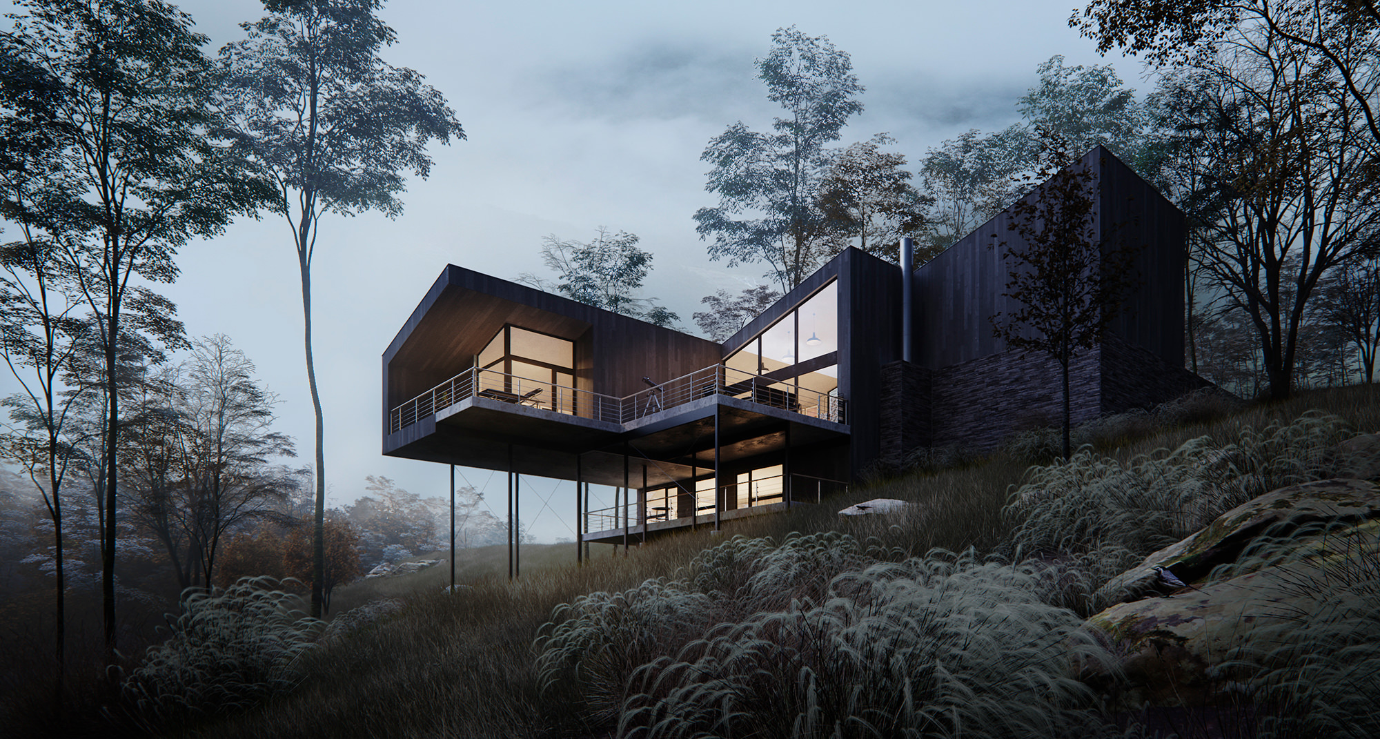 Visualisation architecturale d'un chalet à deux étages sur pilotis avec une véranda ouverte dans une forêt sauvage à la végétation riche par temps nuageux