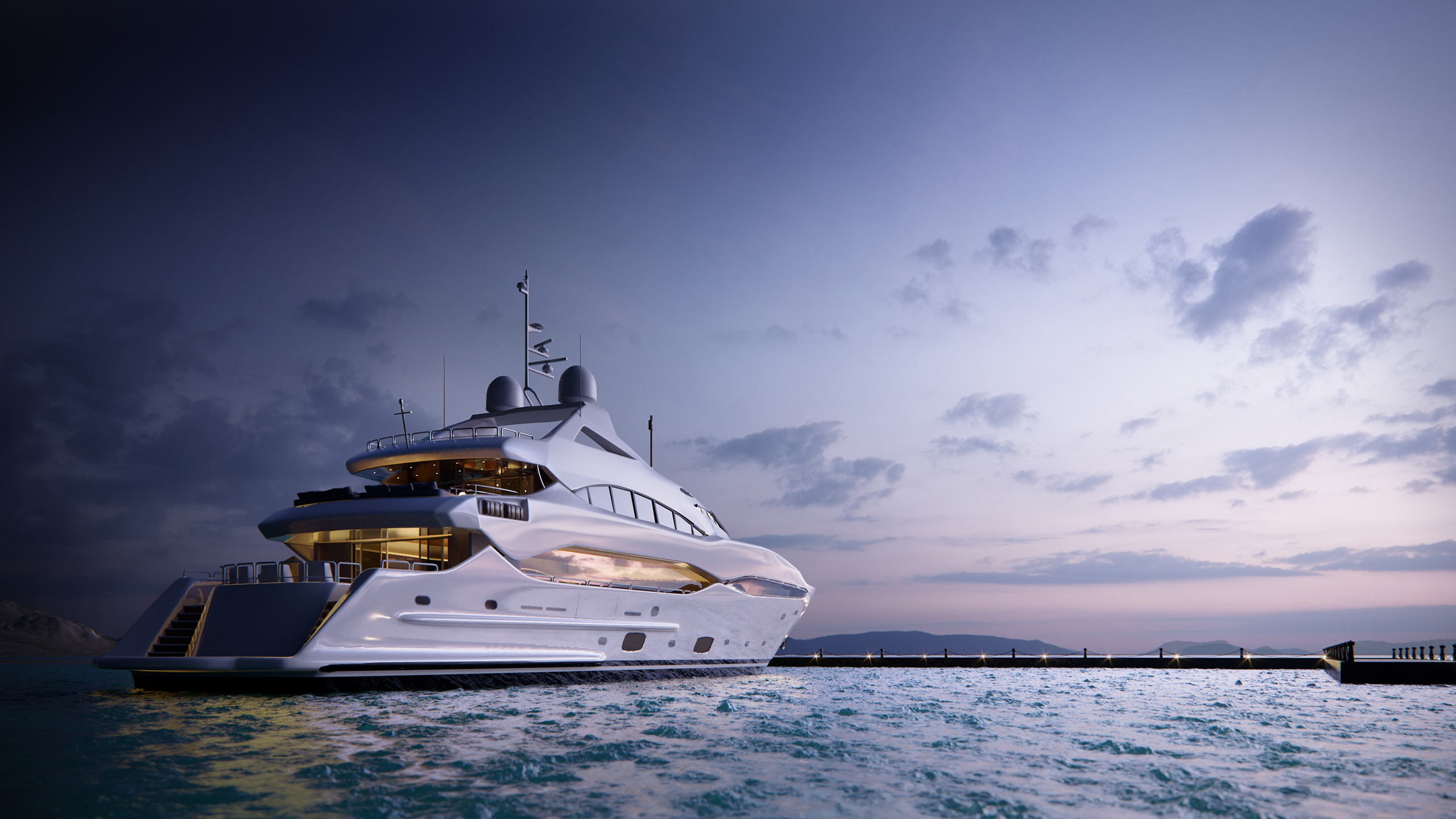 Visualisation 3D réaliste d'un grand super yacht amarré près de la jetée sur fond de soleil couchant