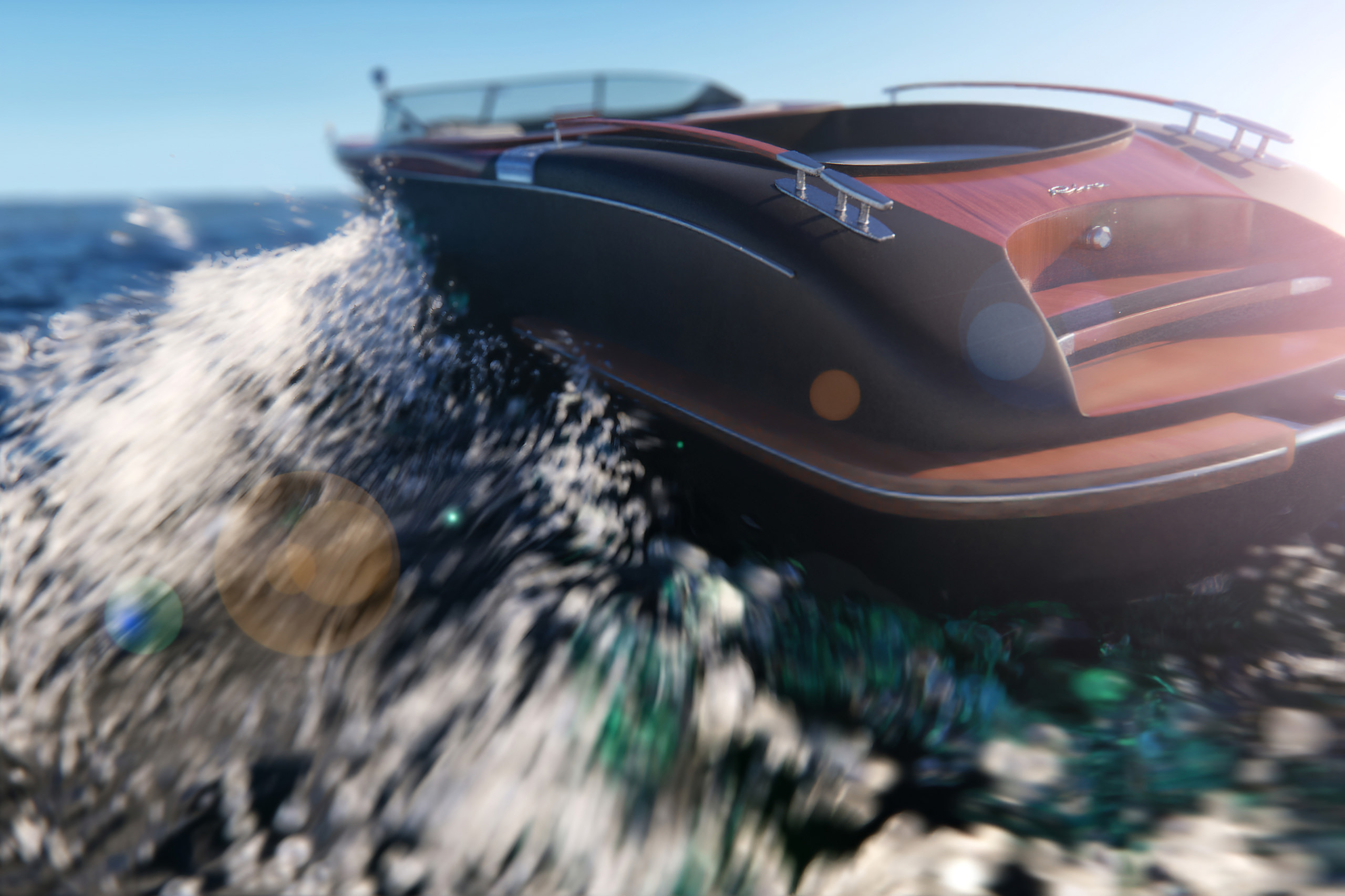 Le studio Lunas propose des services de rendu photo de yachts réels pour le transport maritime et l'industrie navale, un hors-bord sur l'eau avec des vagues éclaboussantes, une visualisation 3D