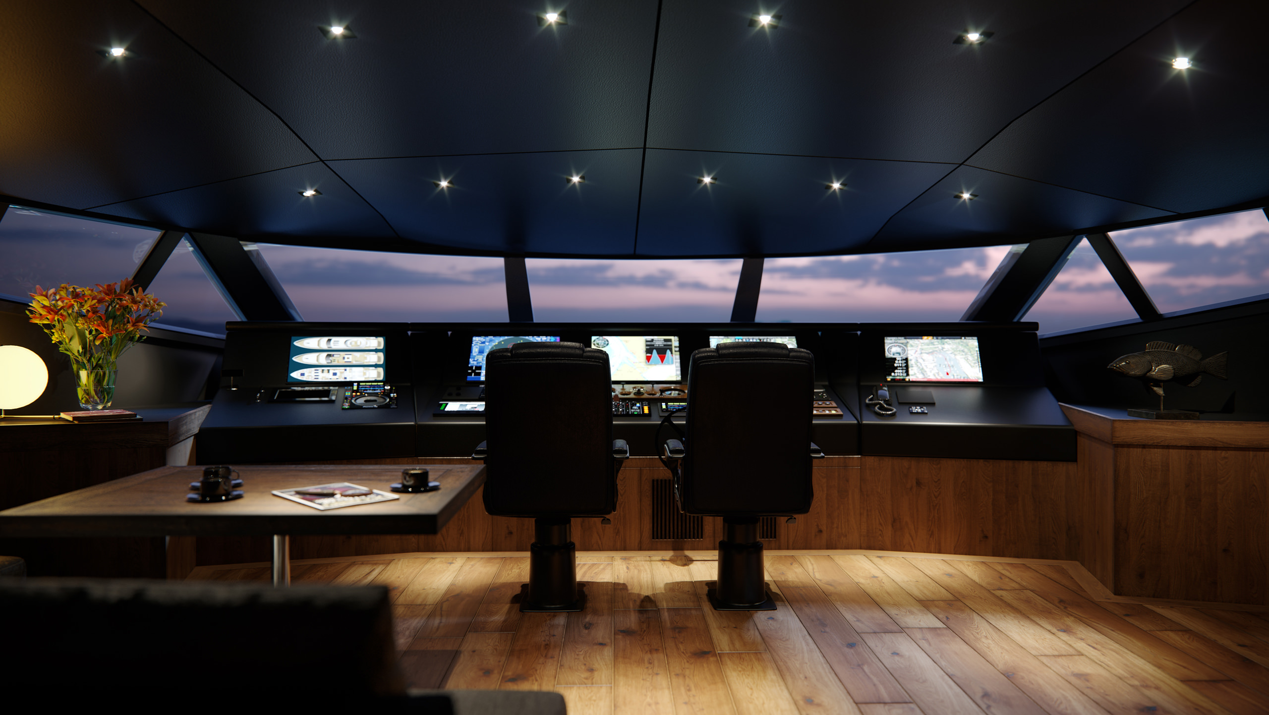 Rendu 3D d'un superbateau à l'intérieur de la cabine du capitaine avec un tableau de bord massif comportant divers boutons et leviers pour la direction du bateau, ainsi que des cartes et des informations techniques sur le navire