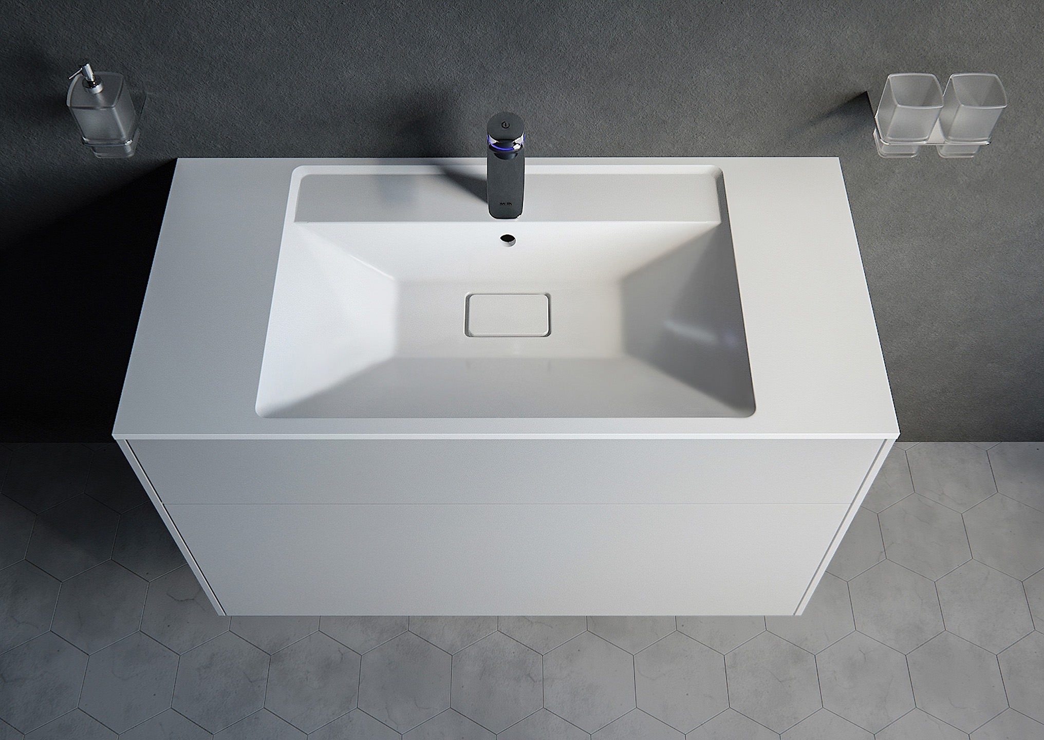 Visualisation 3D du produit depuis le dessus du lavabo blanc de la salle de bain avec un robinet
