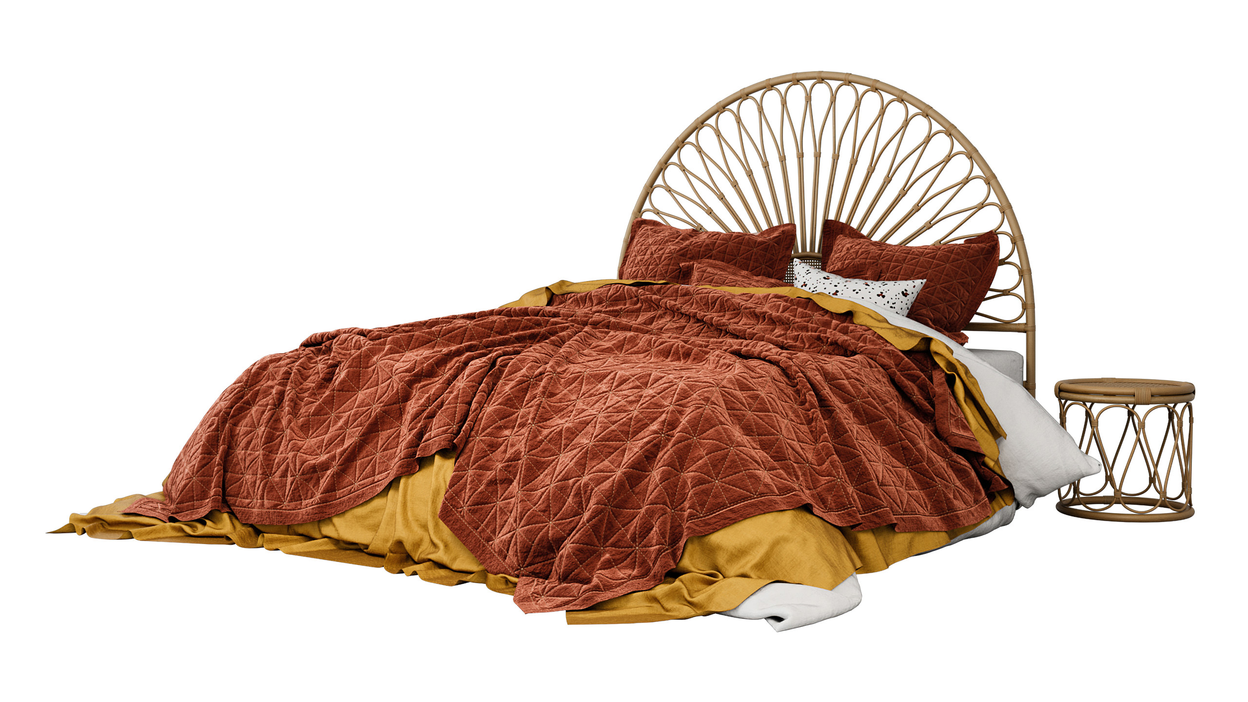 Visualisation 3D du produit d'un lit de style bungalow avec une tête de lit en bambou avec une couverture couleur terracotta sur le fond blanc