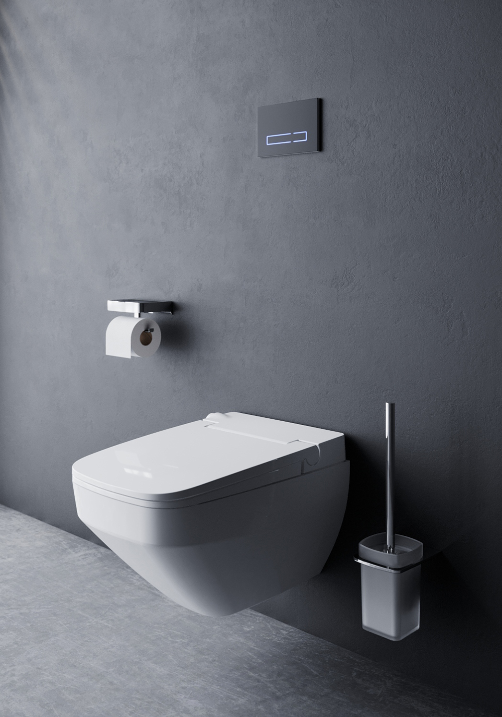 Rendu 3D d'une toilette hi-tech et de ses accessoires dans l'intérieur des murs gris foncé et de sol gris claire