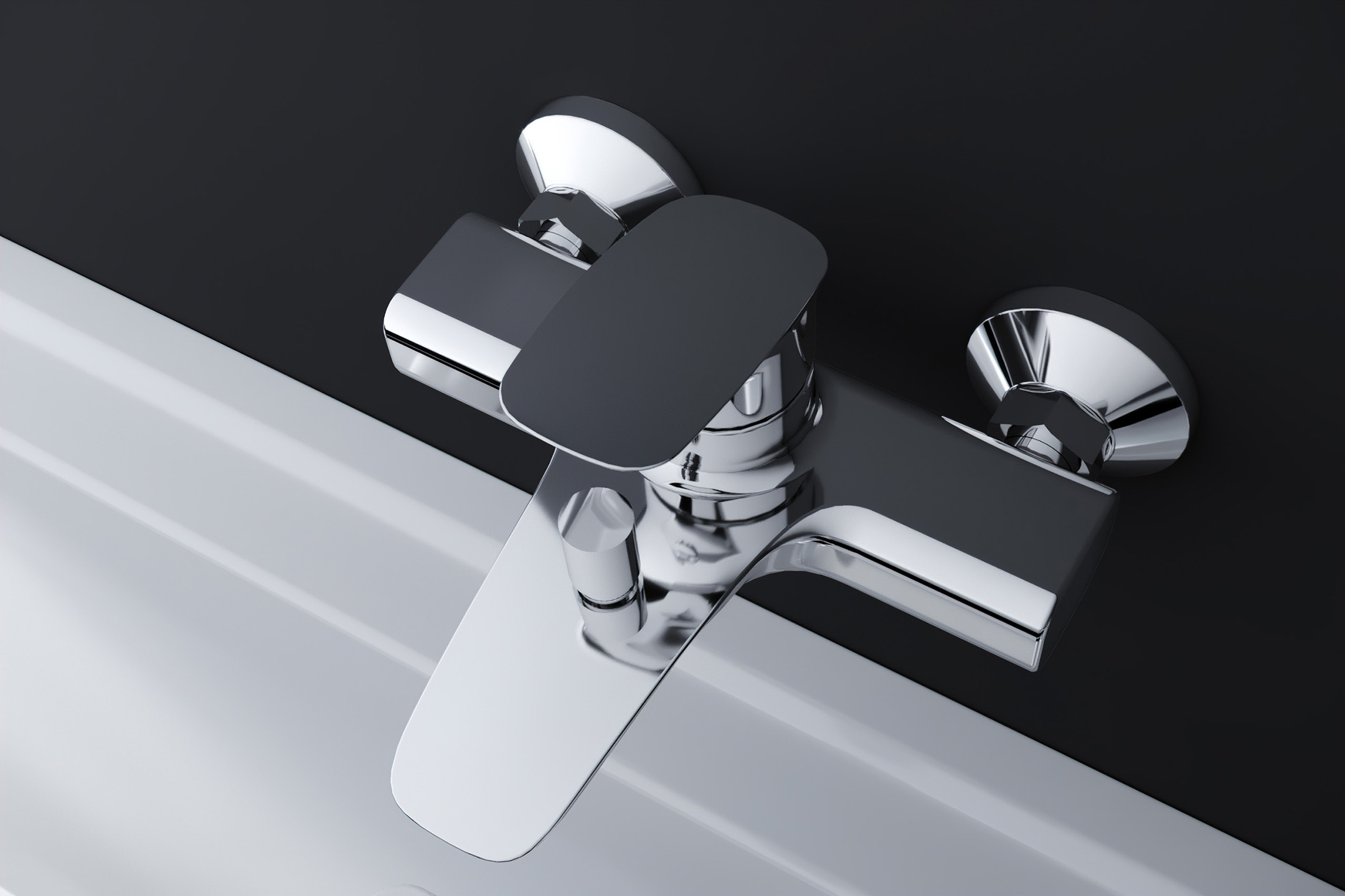 Rendu 3D d'objet vu par le haut d'un mitigeur de bain et de douche à levier unique sur le fond foncé