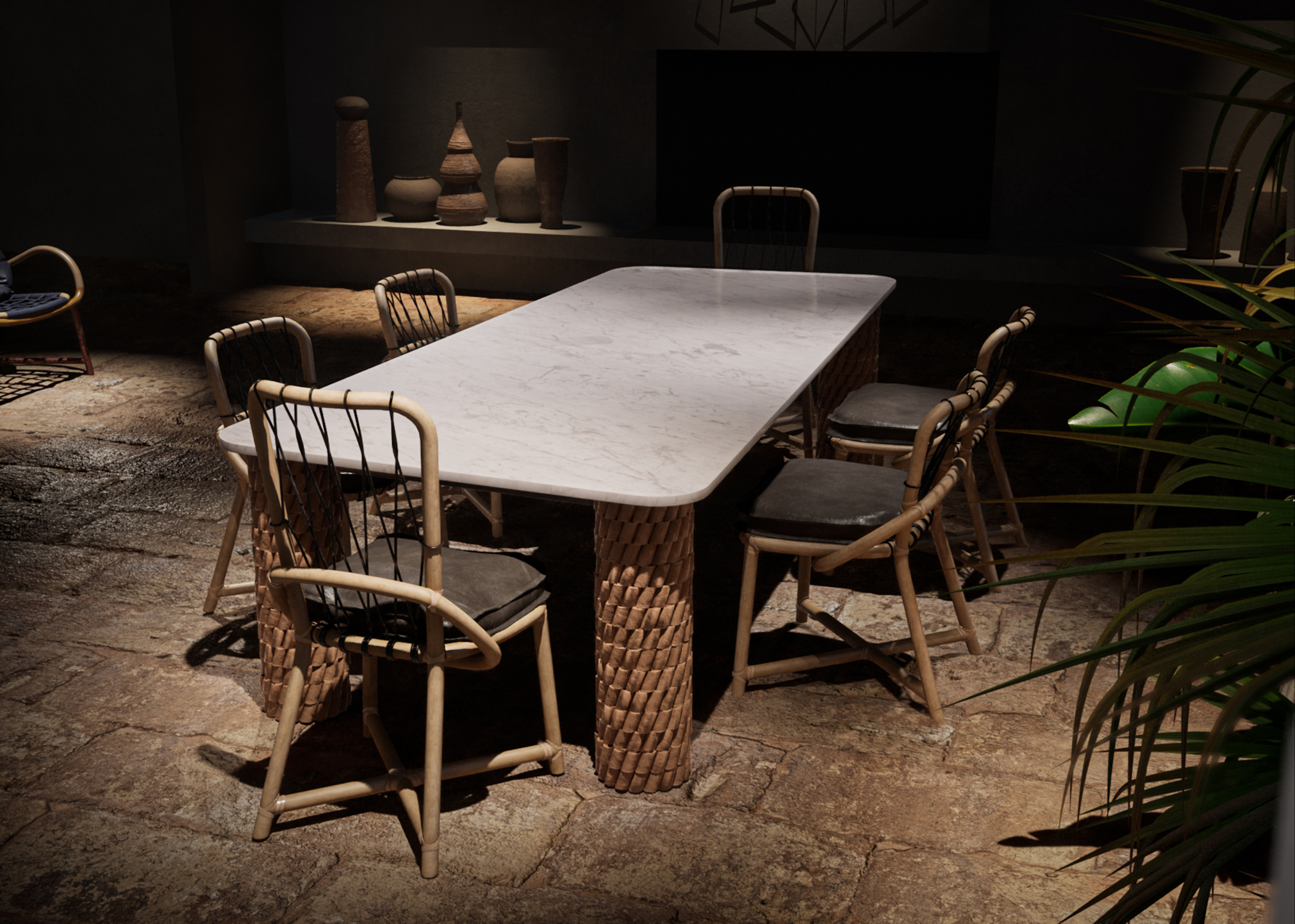 Rendu 3D d'objet d'une table à manger entourée de chaises avec des carcasses tissées dans l'ambiance de lumière faible