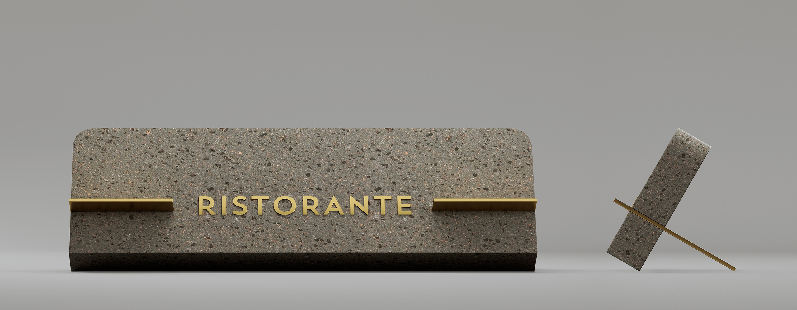 Rendu 3D d'une plaque de restaurant en marbre avec des lettres dorées sur le fond gris