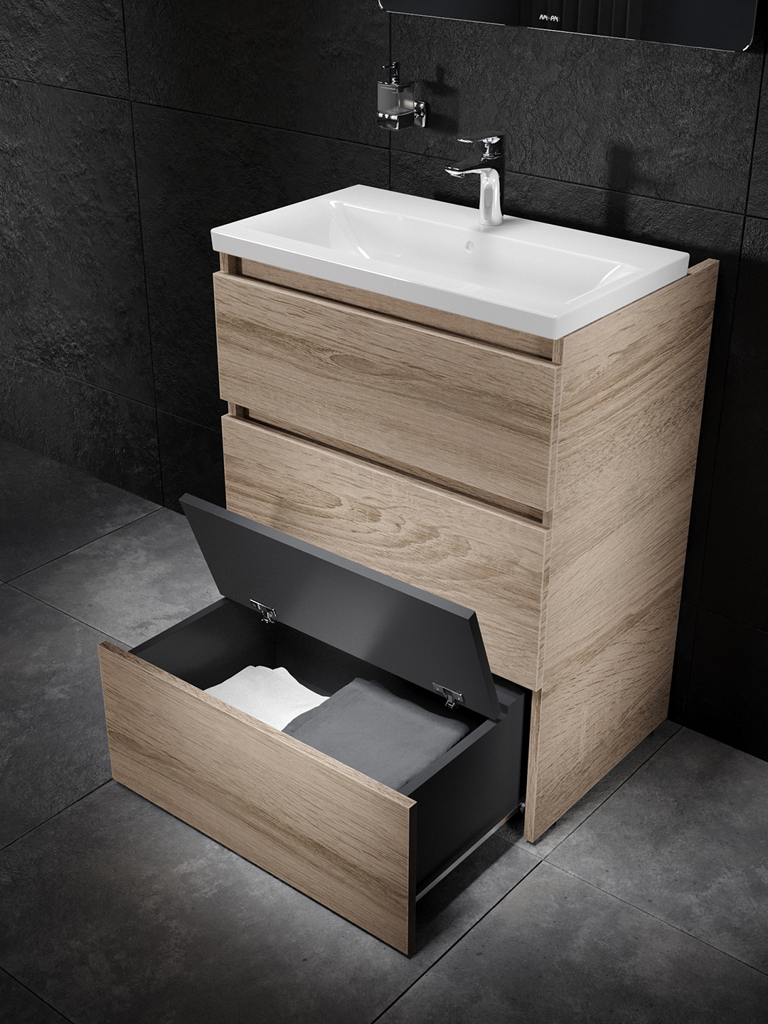 Rendu 3D d'un meuble de salle de bain avec un évier et avec des serviettes banches et grises dans un tiroire