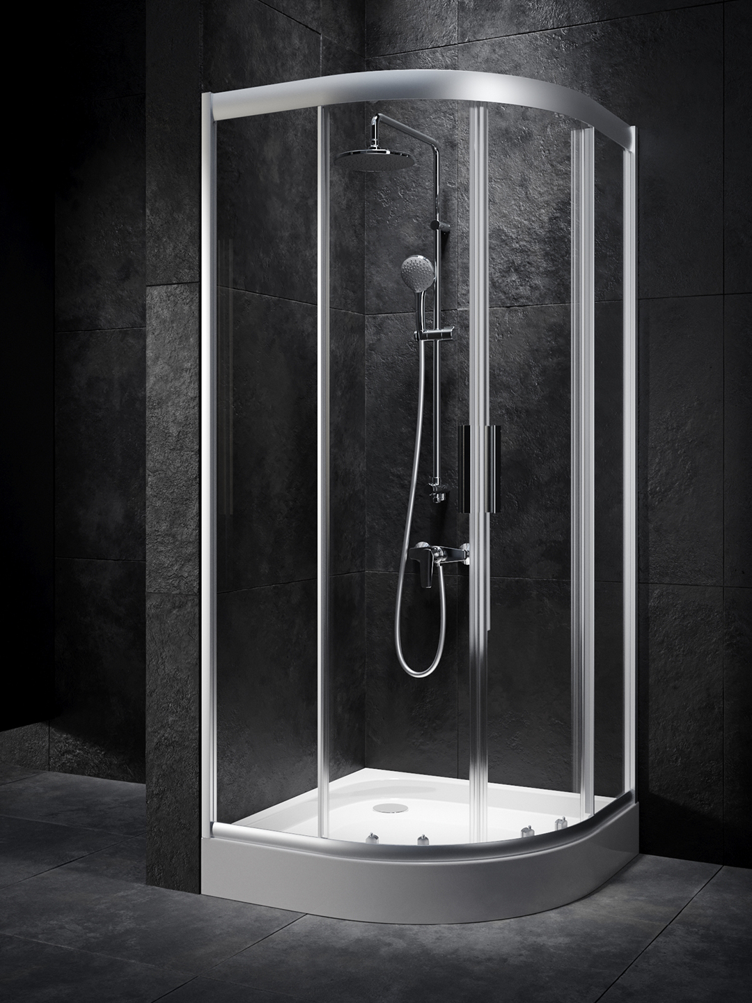 Visualisation 3D d'une cabine de douche dans l'intérieur des murs gris foncé