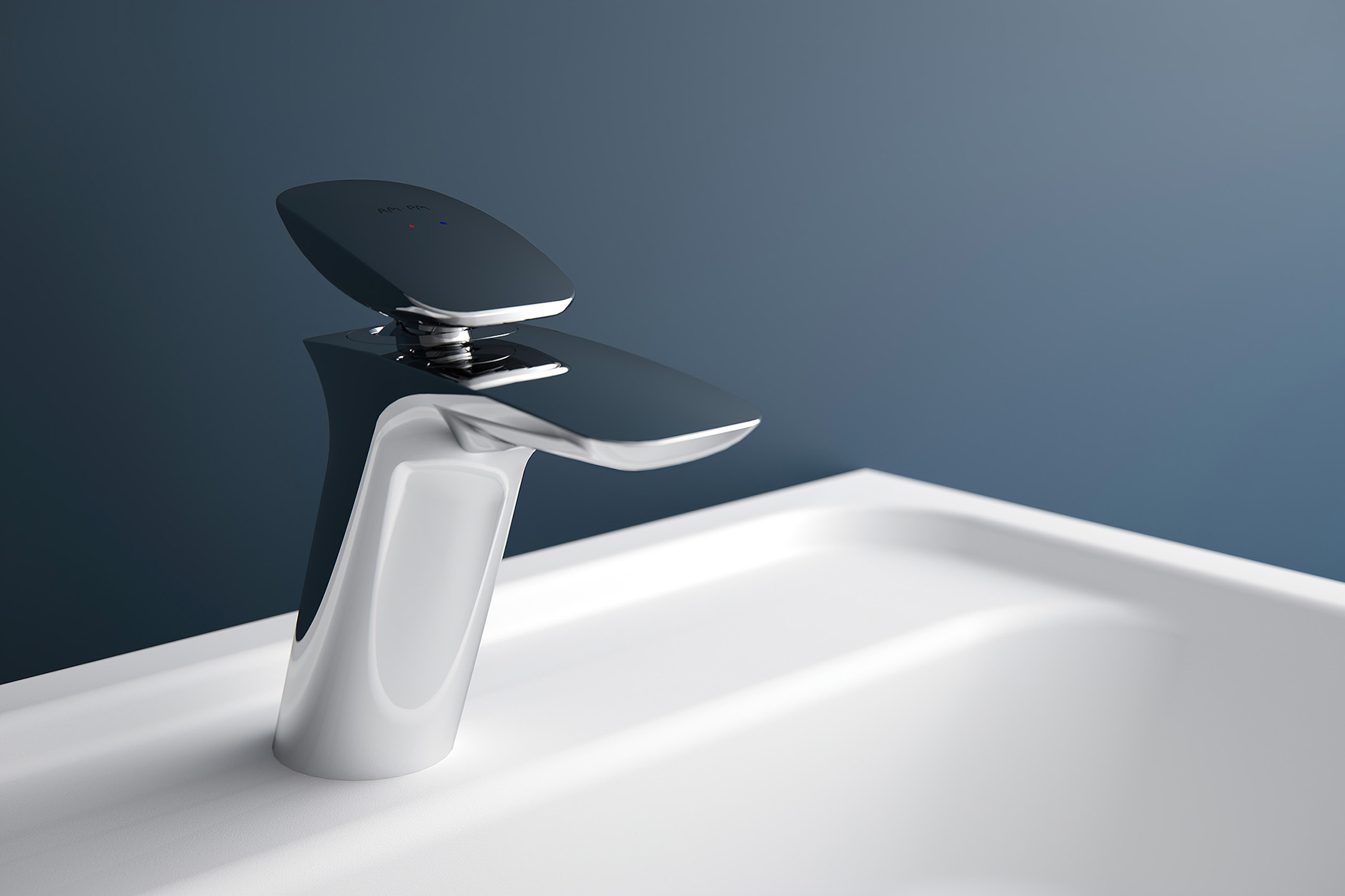 Visualisation 3D d'objet d'un robinet moderne et élégant sur le lavabo sur le fond gris bleuté