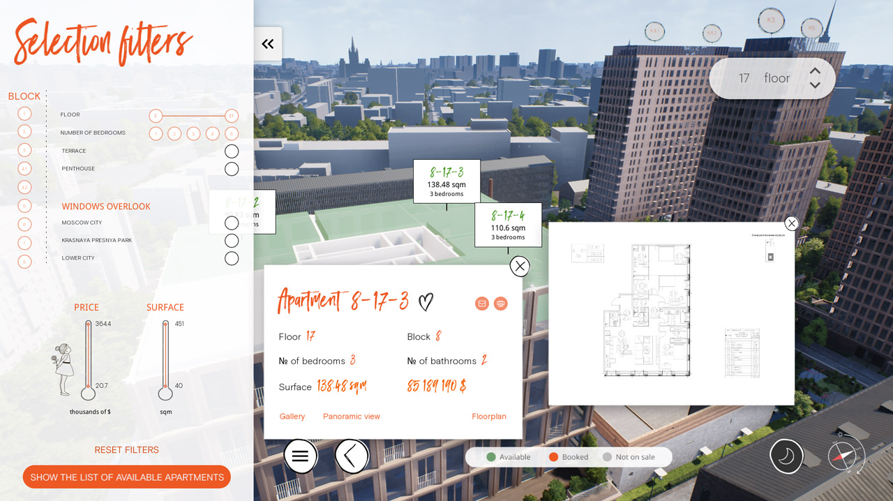 Présentation 3D interactive pour l'immobilier L-Touch avec de puissants filtres de recherche et des informations sur le sol de chaque appartement